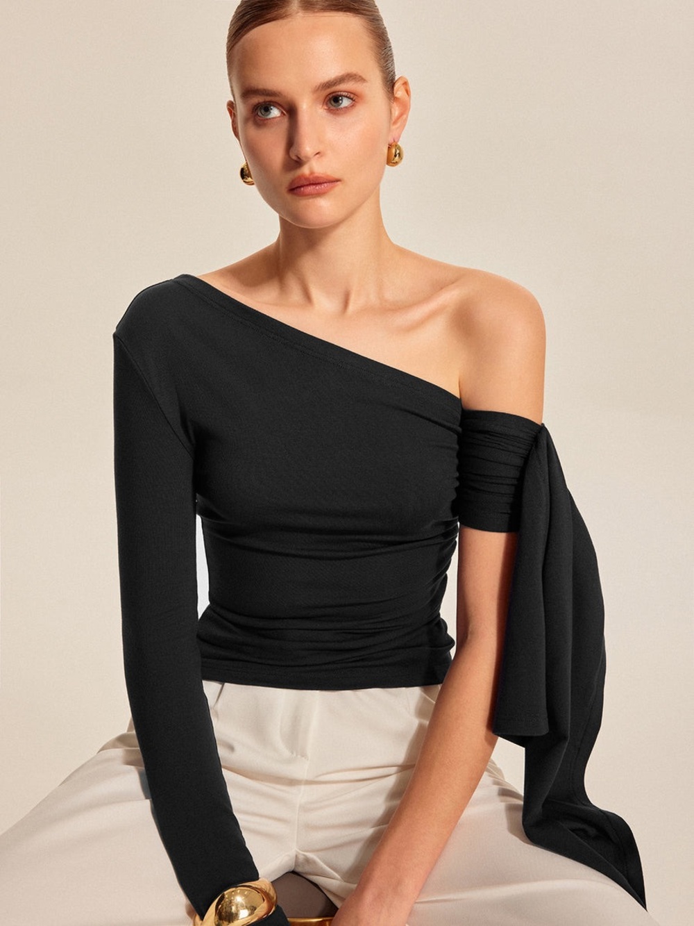 Commense Asymmetrical Draped Sleeve Top